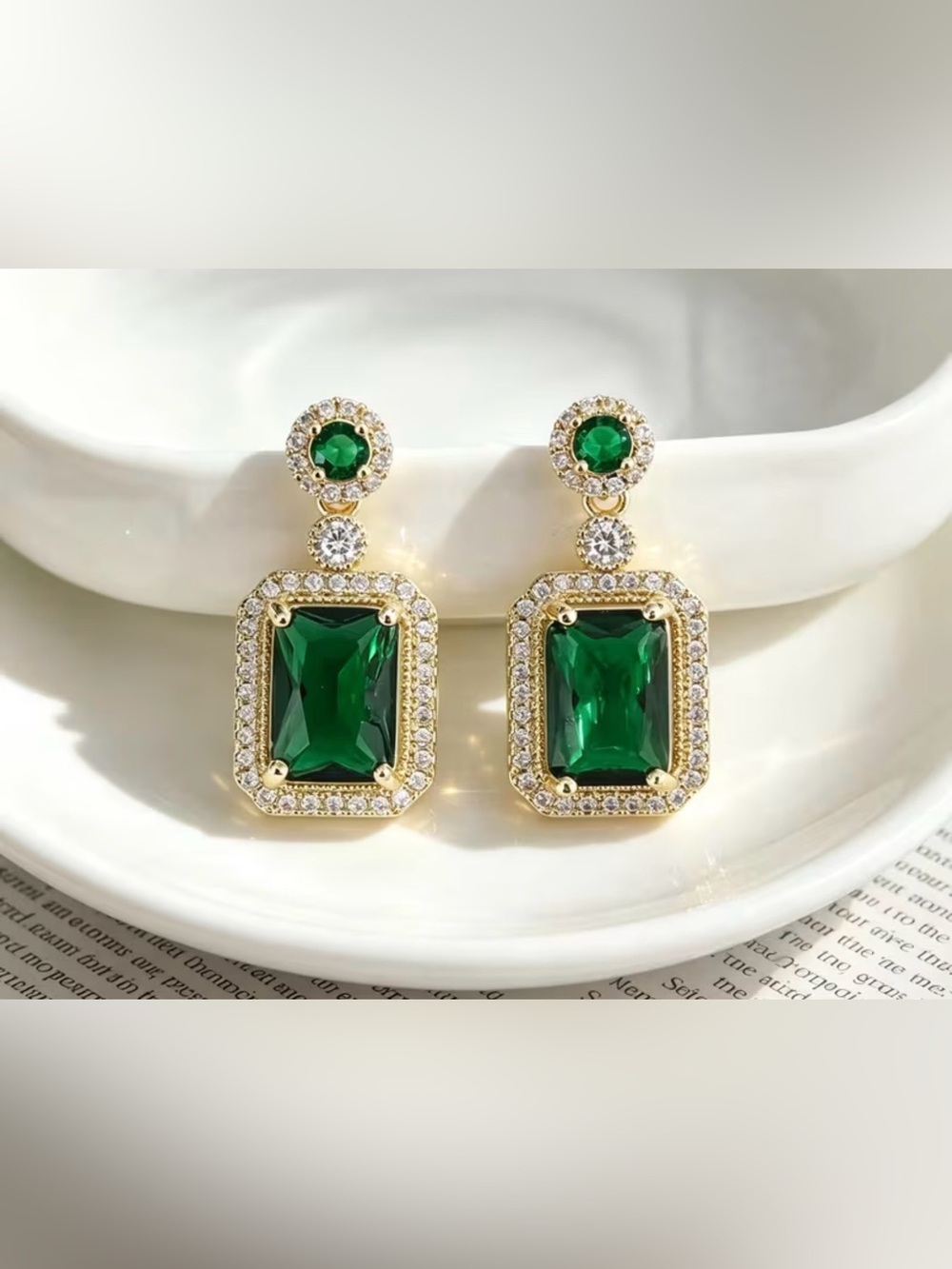 Gold Drop Earrings with Emerald Green Stones and Crystal Halo